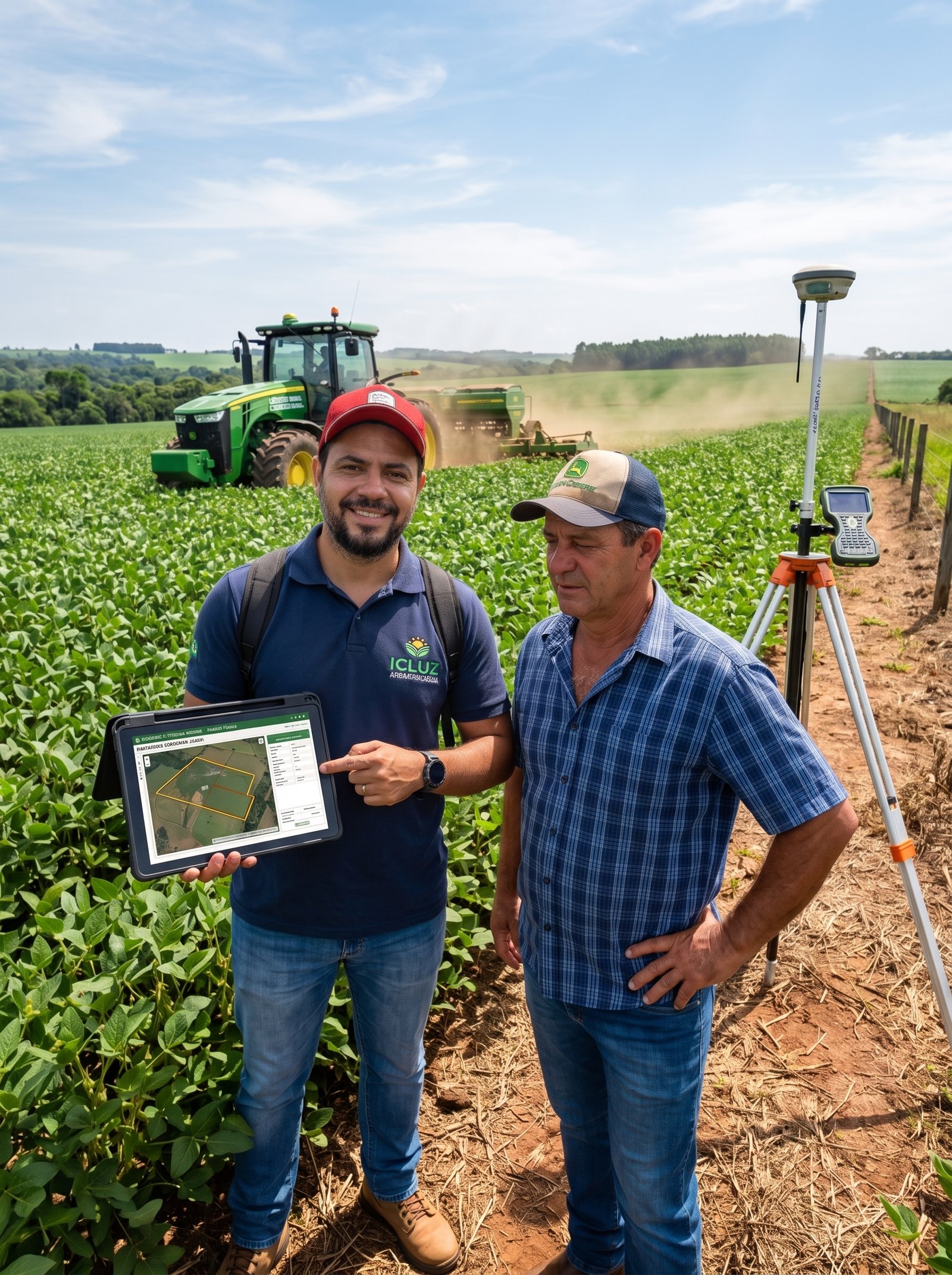 Engenheiro Agrônomo e Produtor Rural em lavoura de soja com tablet do SIGEF e trator financiado
